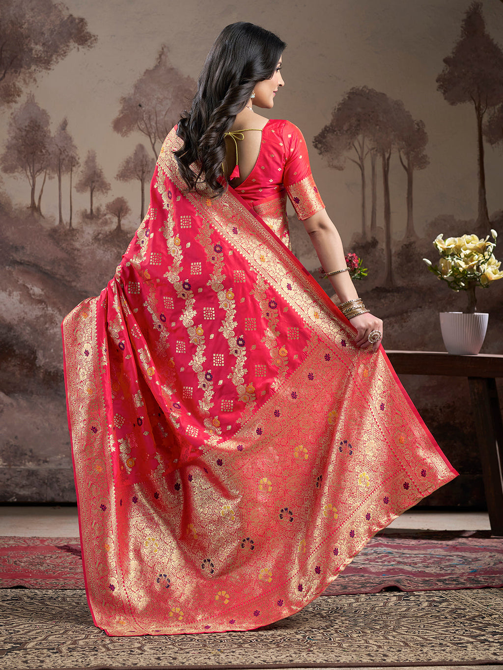 Jyoti Fashion Women's Red Soft Lichi Silk Jacquard Traditional Saree with Blouse | Grocsy