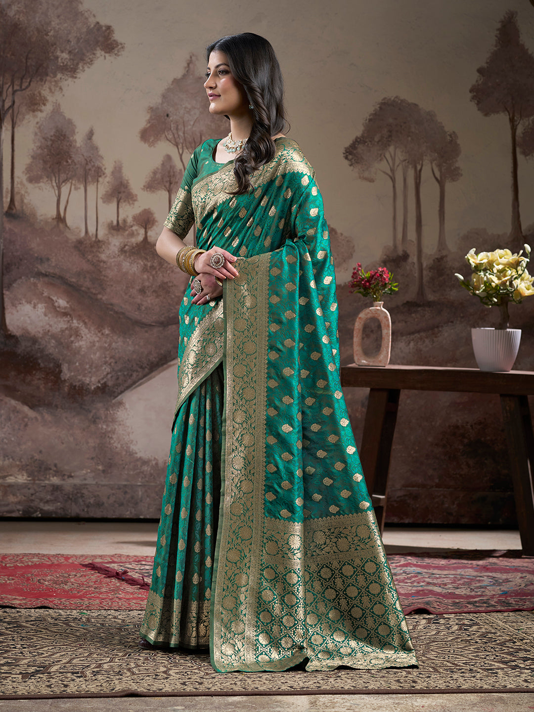 Jyoti Fashion Women's Green Soft Lichi Silk Jacquard Traditional Saree with Blouse | Grocsy