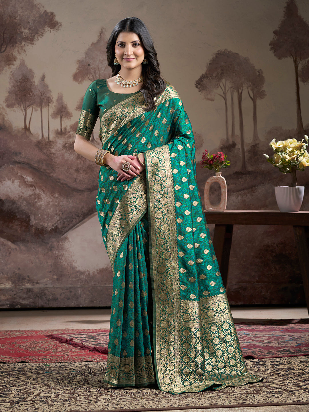 Jyoti Fashion Women's Green Soft Lichi Silk Jacquard Traditional Saree with Blouse | Grocsy