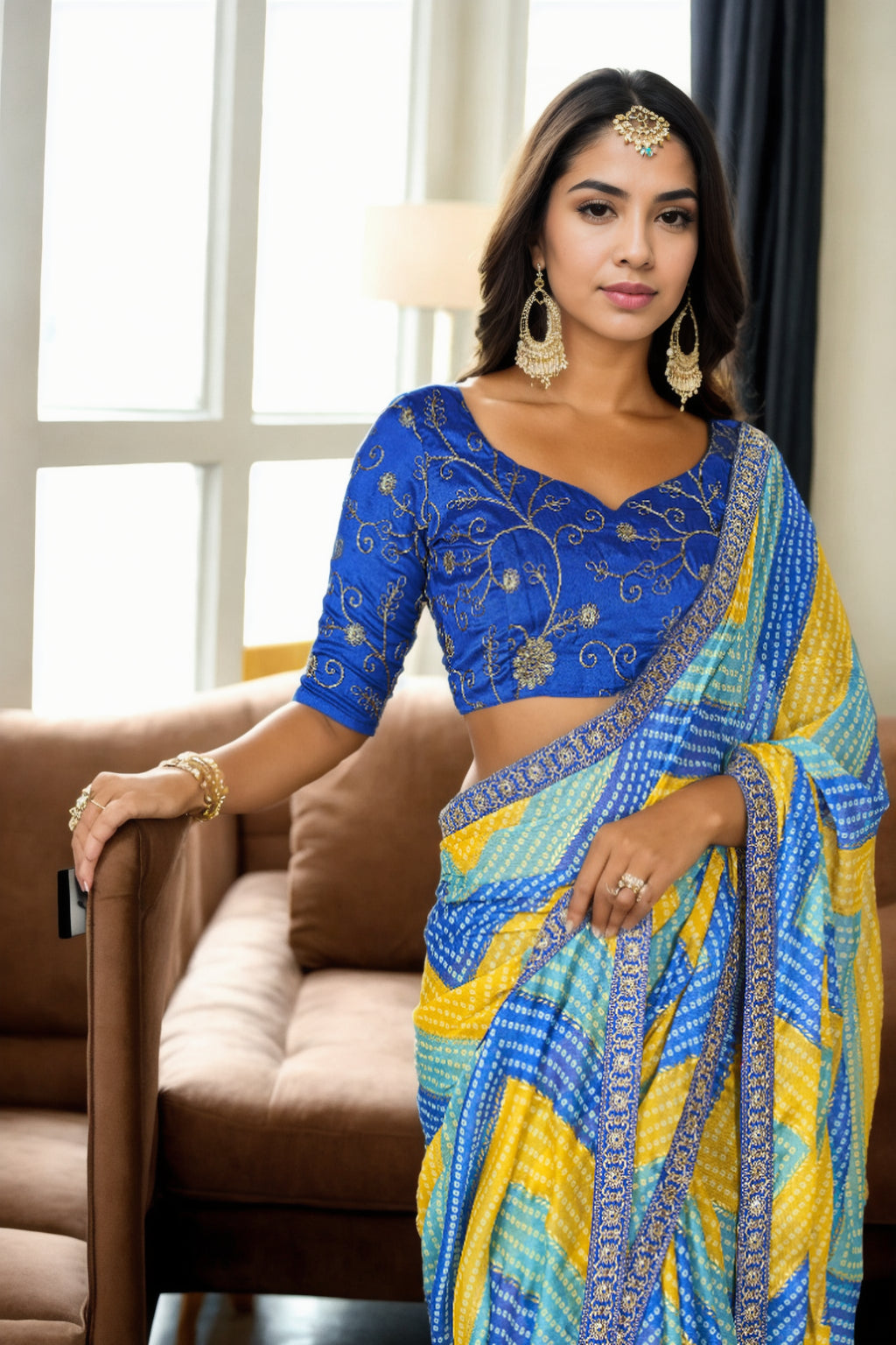 Jyoti Fashion Women's Multicolor Chinon Bandhani Print with Embroidered Saree with Blouse | Grocsy
