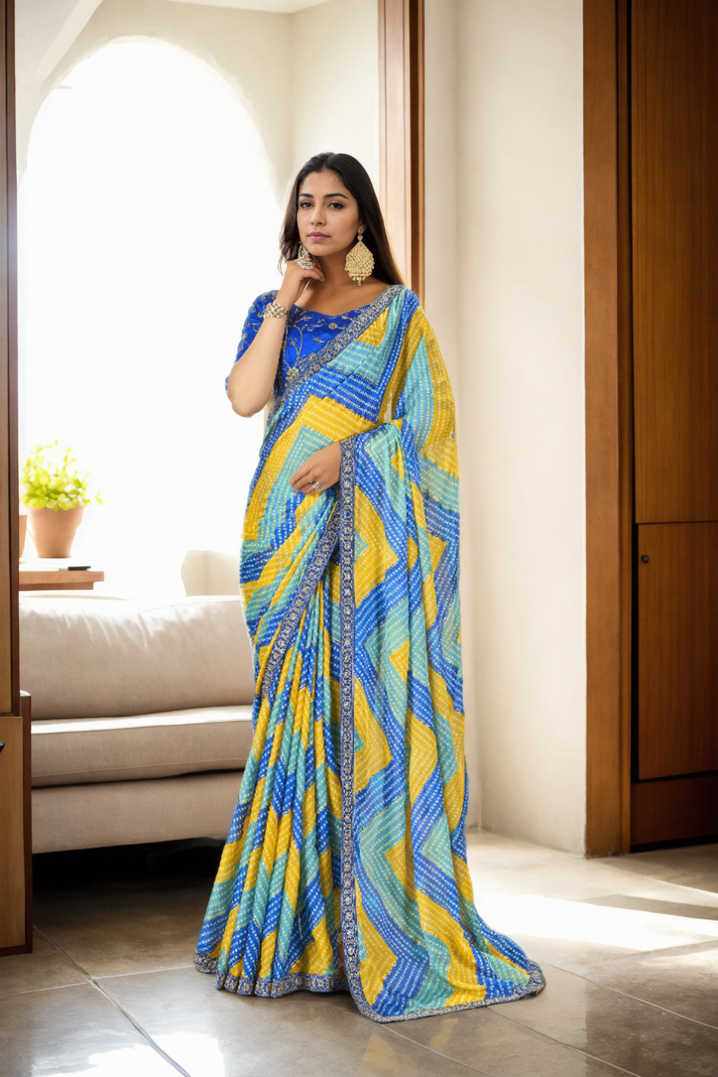 Jyoti Fashion Women's Multicolor Chinon Bandhani Print with Embroidered Saree with Blouse | Grocsy