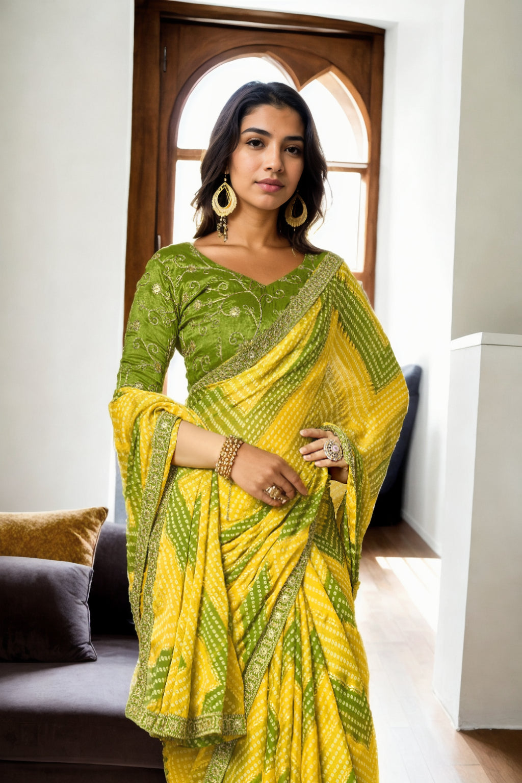 Jyoti Fashion Women's Yellow Chinon Bandhani Print with Embroidered Saree with Blouse | Grocsy