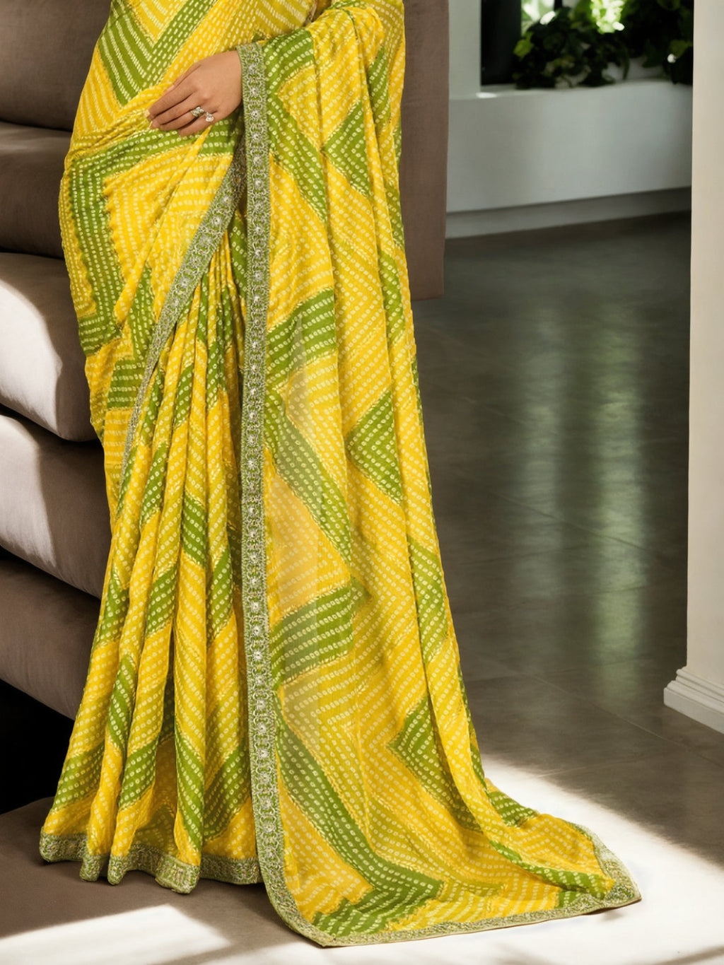 Jyoti Fashion Women's Yellow Chinon Bandhani Print with Embroidered Saree with Blouse | Grocsy