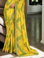 Jyoti Fashion Women's Yellow Chinon Bandhani Print with Embroidered Saree with Blouse | Grocsy