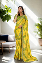 Jyoti Fashion Women's Yellow Chinon Bandhani Print with Embroidered Saree with Blouse | Grocsy