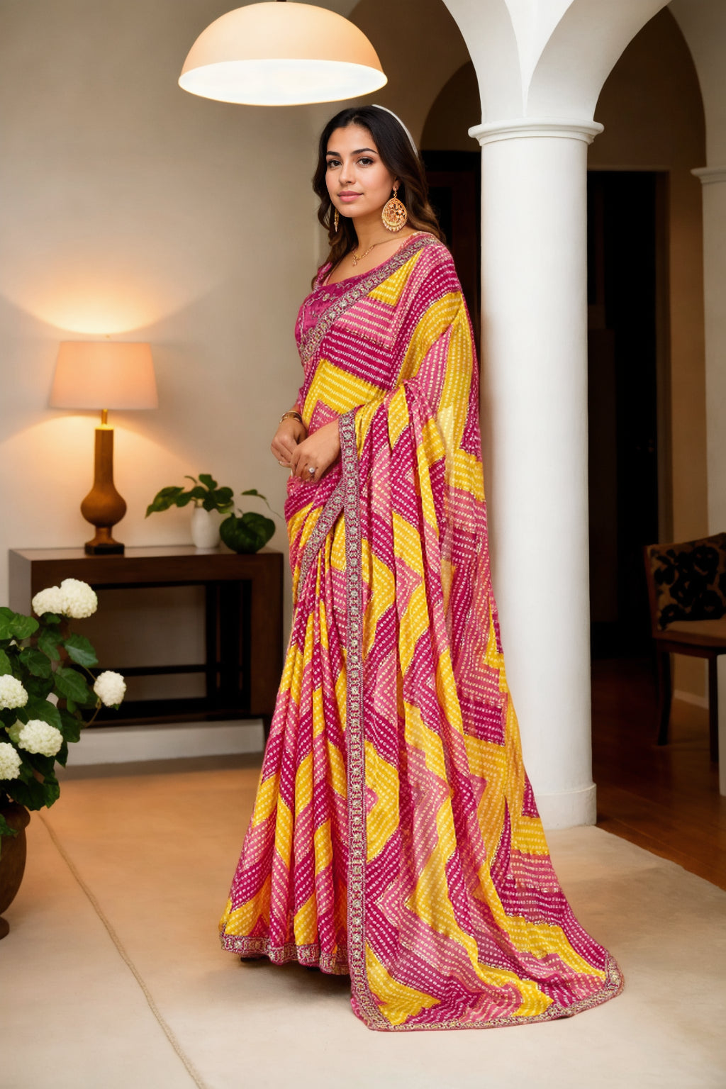Jyoti Fashion Women's Multicolor Chinon Bandhani Print with Embroidered Saree with Blouse | Grocsy