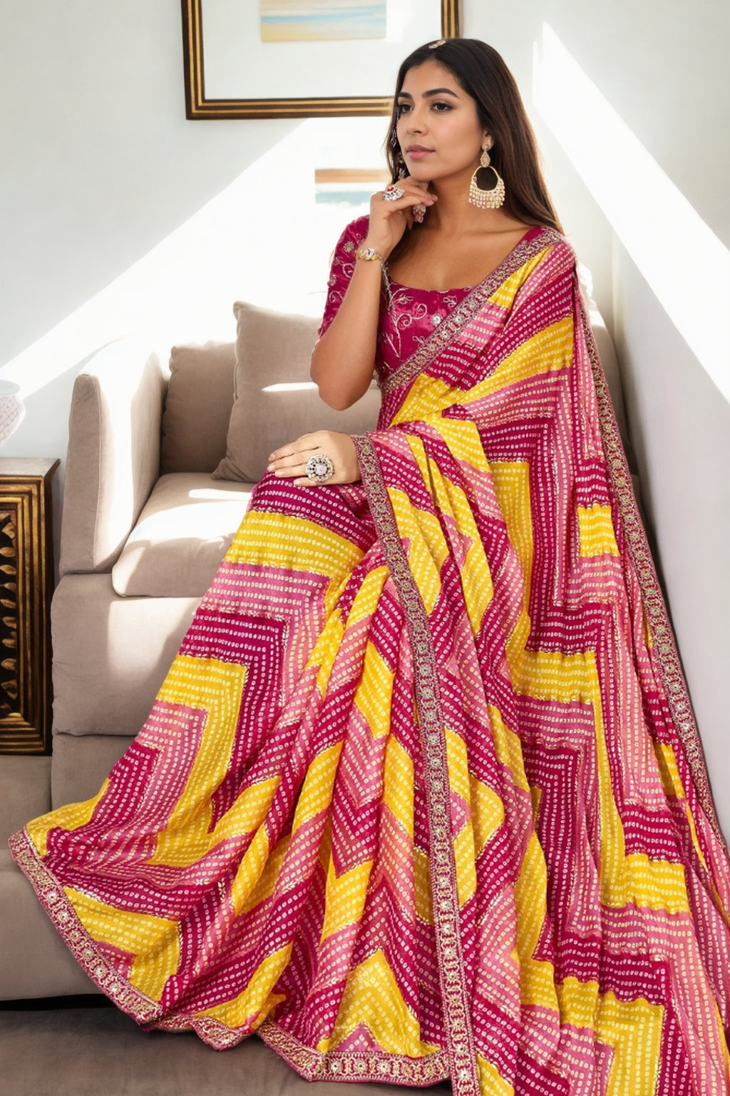 Jyoti Fashion Women's Multicolor Chinon Bandhani Print with Embroidered Saree with Blouse | Grocsy