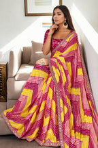 Jyoti Fashion Women's Multicolor Chinon Bandhani Print with Embroidered Saree with Blouse | Grocsy