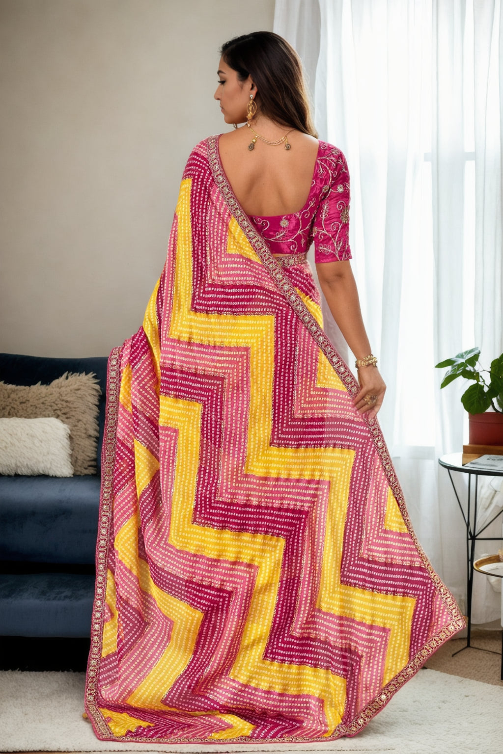 Jyoti Fashion Women's Multicolor Chinon Bandhani Print with Embroidered Saree with Blouse | Grocsy