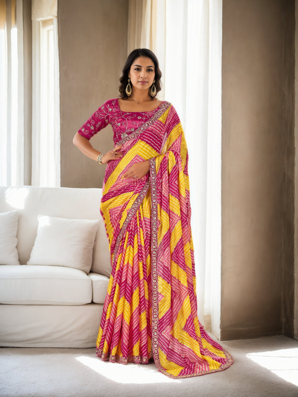 Jyoti Fashion Women's Multicolor Chinon Bandhani Print with Embroidered Saree with Blouse | Grocsy