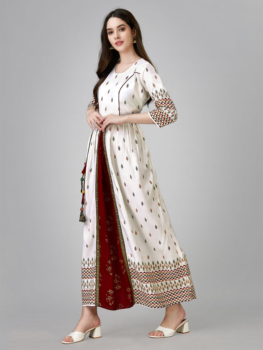 Jyoti Fashion Women's White Rayon Leaf Printed Long Designer Anarkali Dress | Grocsy