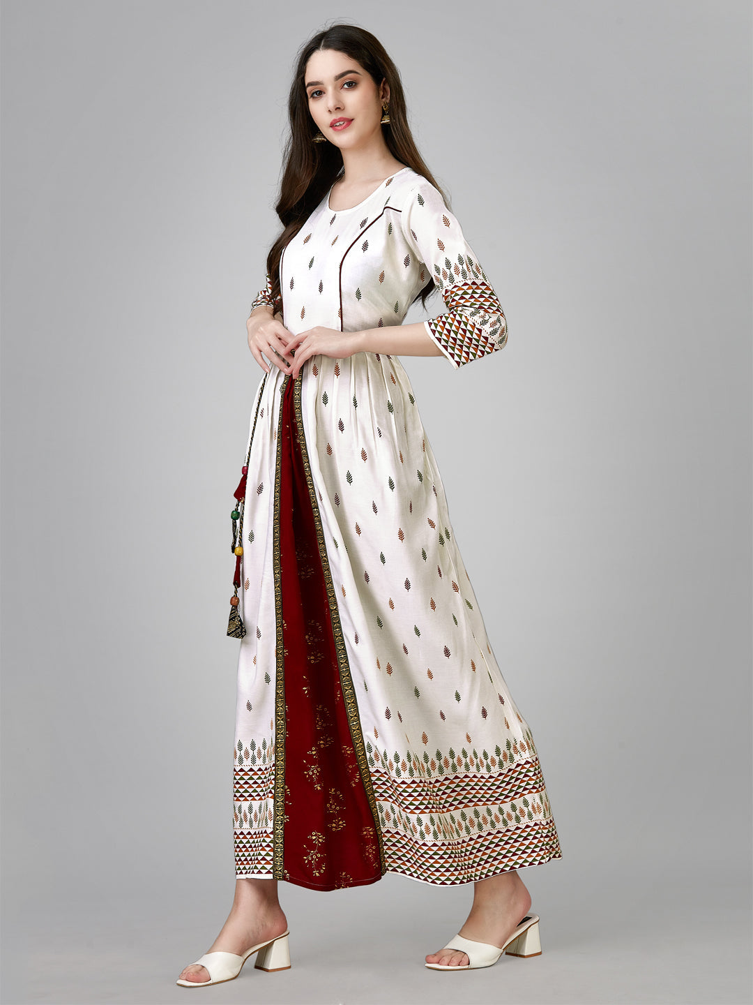 Jyoti Fashion Women's White Rayon Leaf Printed Long Designer Anarkali Dress | Grocsy