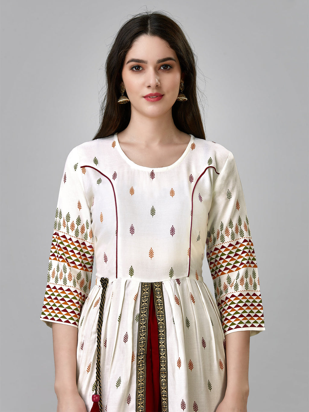 Jyoti Fashion Women's White Rayon Leaf Printed Long Designer Anarkali Dress | Grocsy