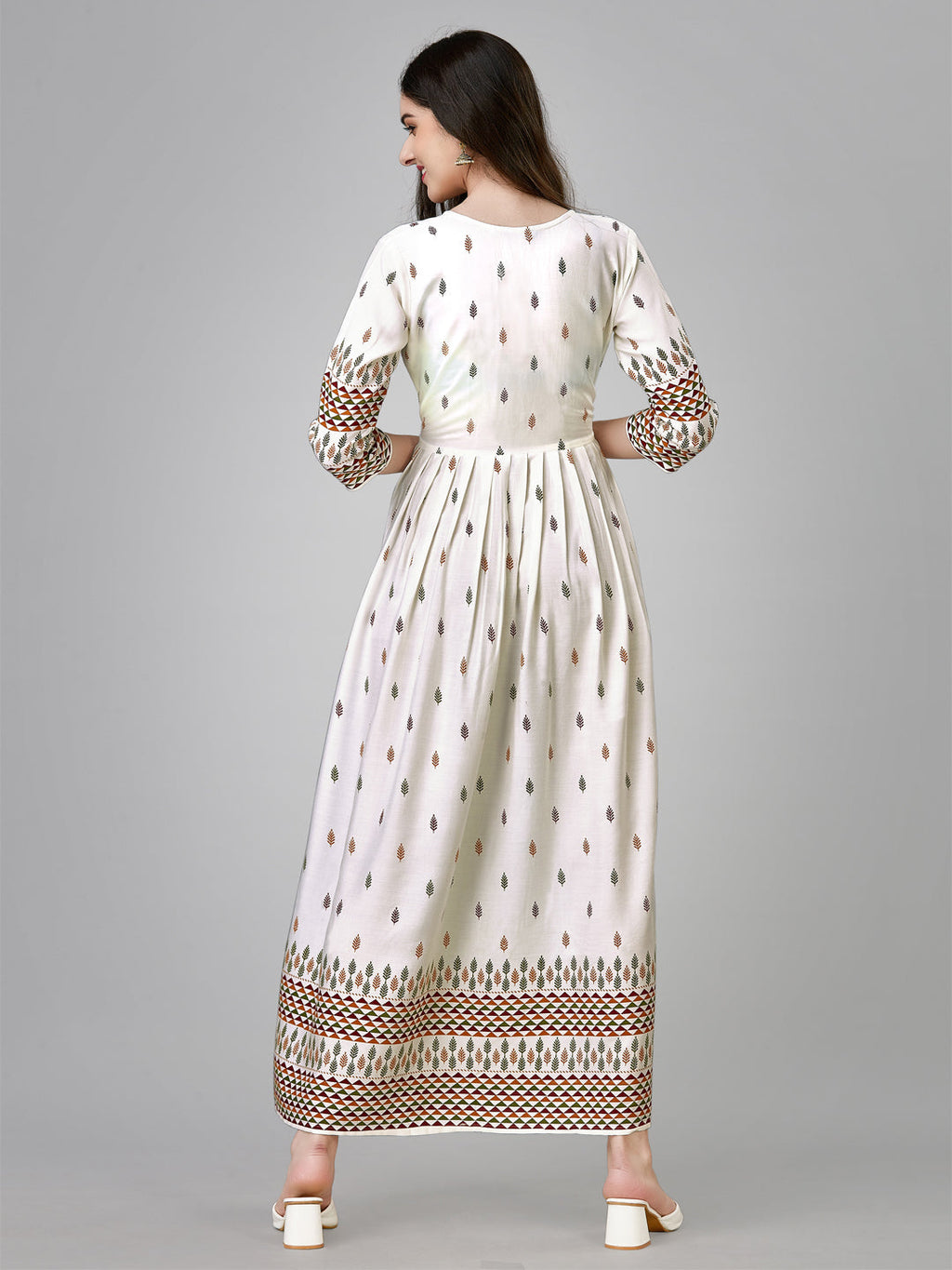 Jyoti Fashion Women's White Rayon Leaf Printed Long Designer Anarkali Dress | Grocsy