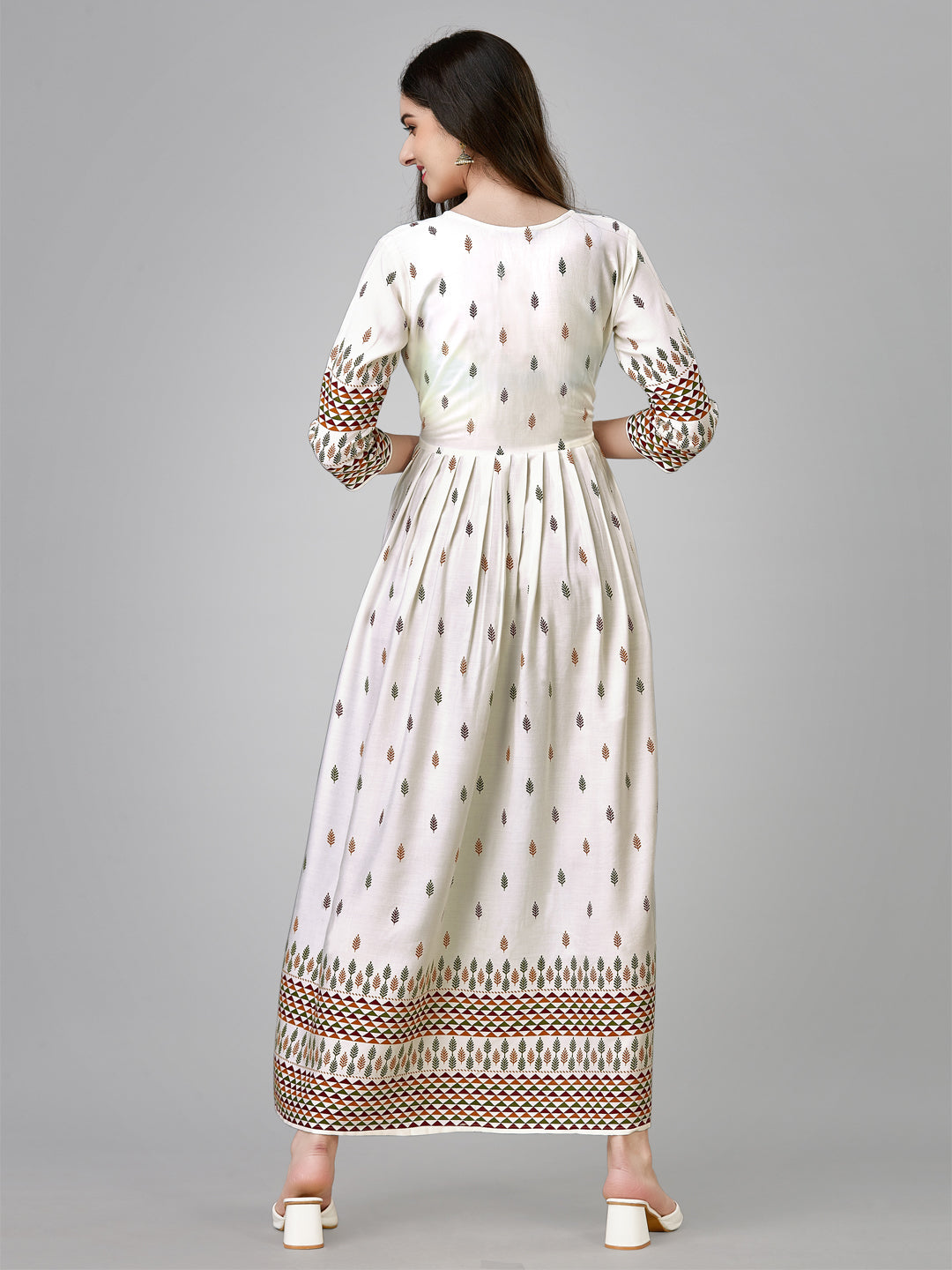 Jyoti Fashion Women's White Rayon Leaf Printed Long Designer Anarkali Dress | Grocsy