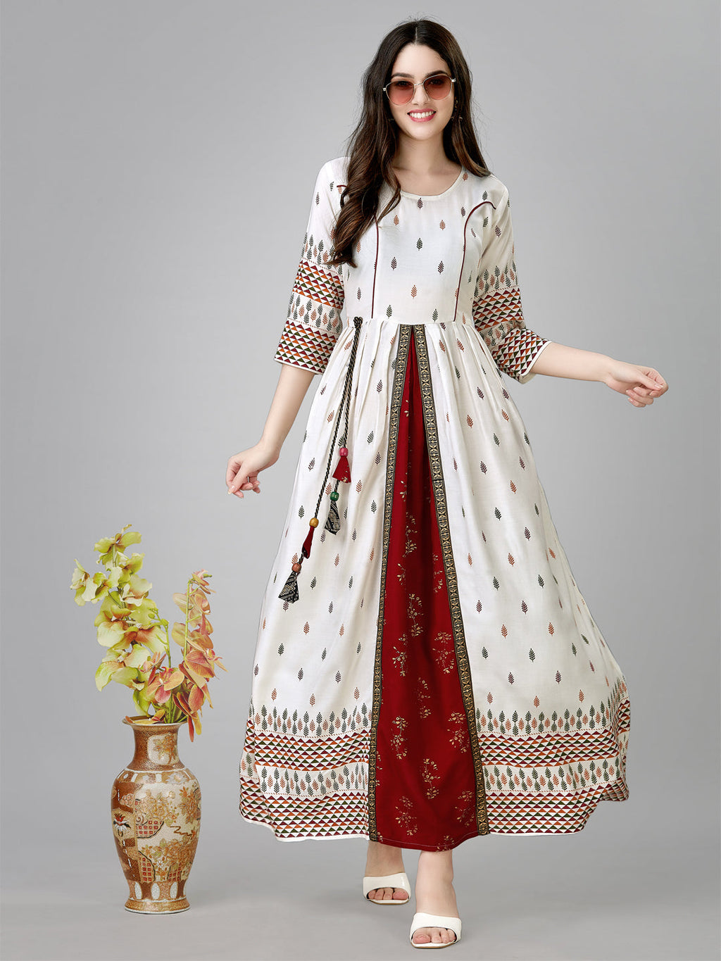 Jyoti Fashion Women's White Rayon Leaf Printed Long Designer Anarkali Dress | Grocsy
