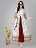 Jyoti Fashion Women's White Rayon Leaf Printed Long Designer Anarkali Dress | Grocsy