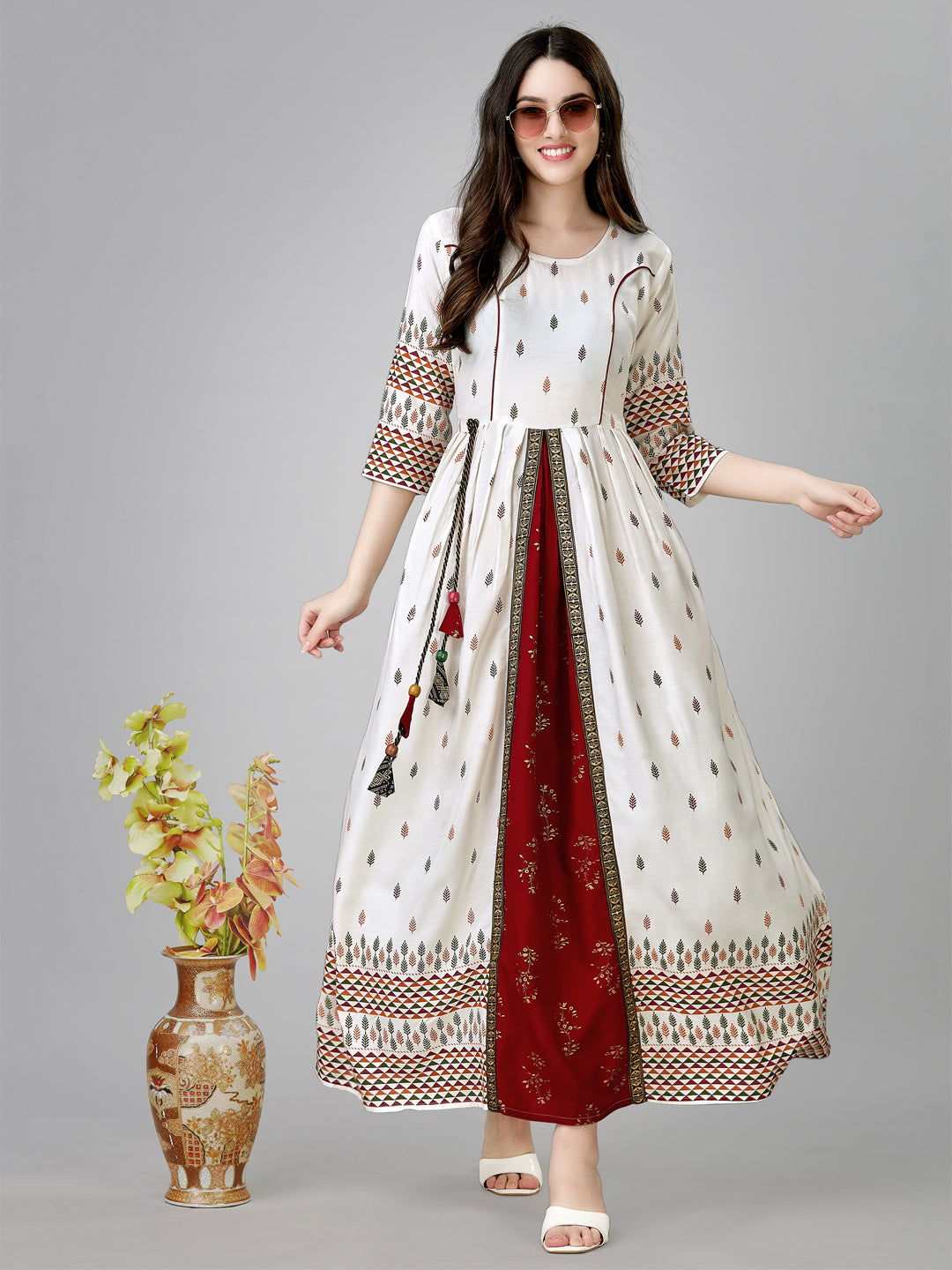 Jyoti Fashion Women's White Rayon Leaf Printed Long Designer Anarkali Dress | Grocsy