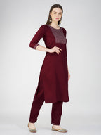 Jyoti Fashion Women's Maroon Cotton Blend Sequins Embroidered Kurta Set | Grocsy