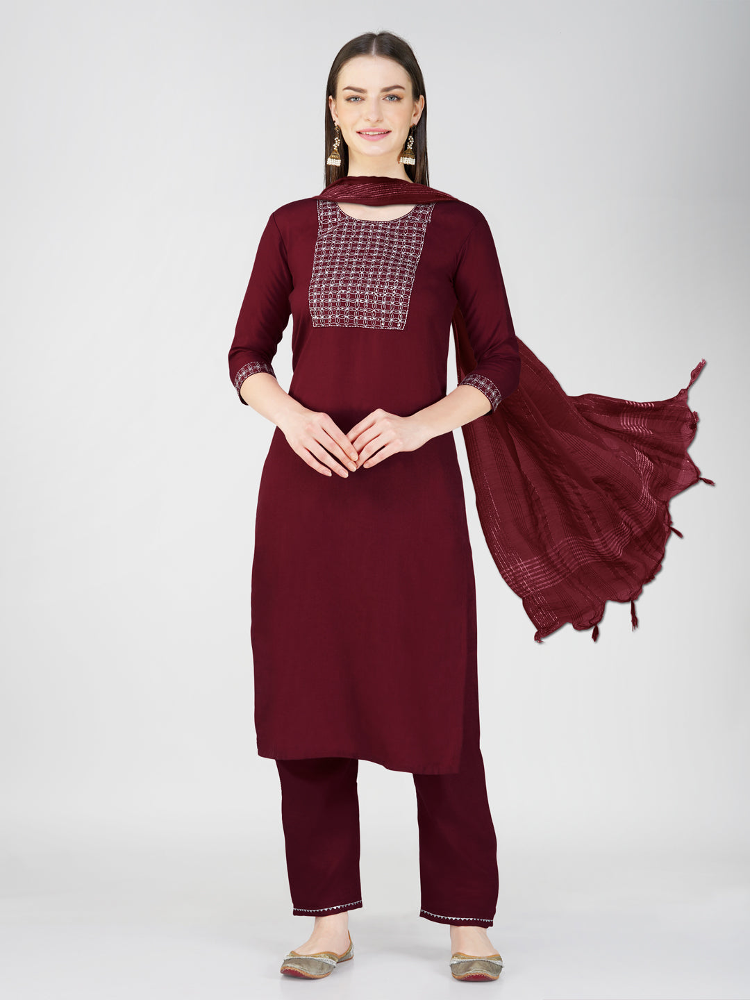 Jyoti Fashion Women's Maroon Cotton Blend Sequins Embroidered Kurta Set | Grocsy