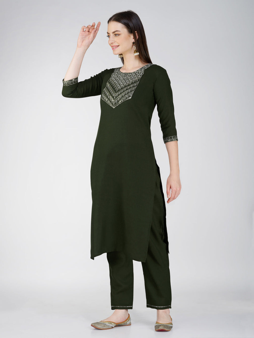 Jyoti Fashion Women's Bottle Green Cotton Blend Sequins Embroidered Kurta Set | Grocsy
