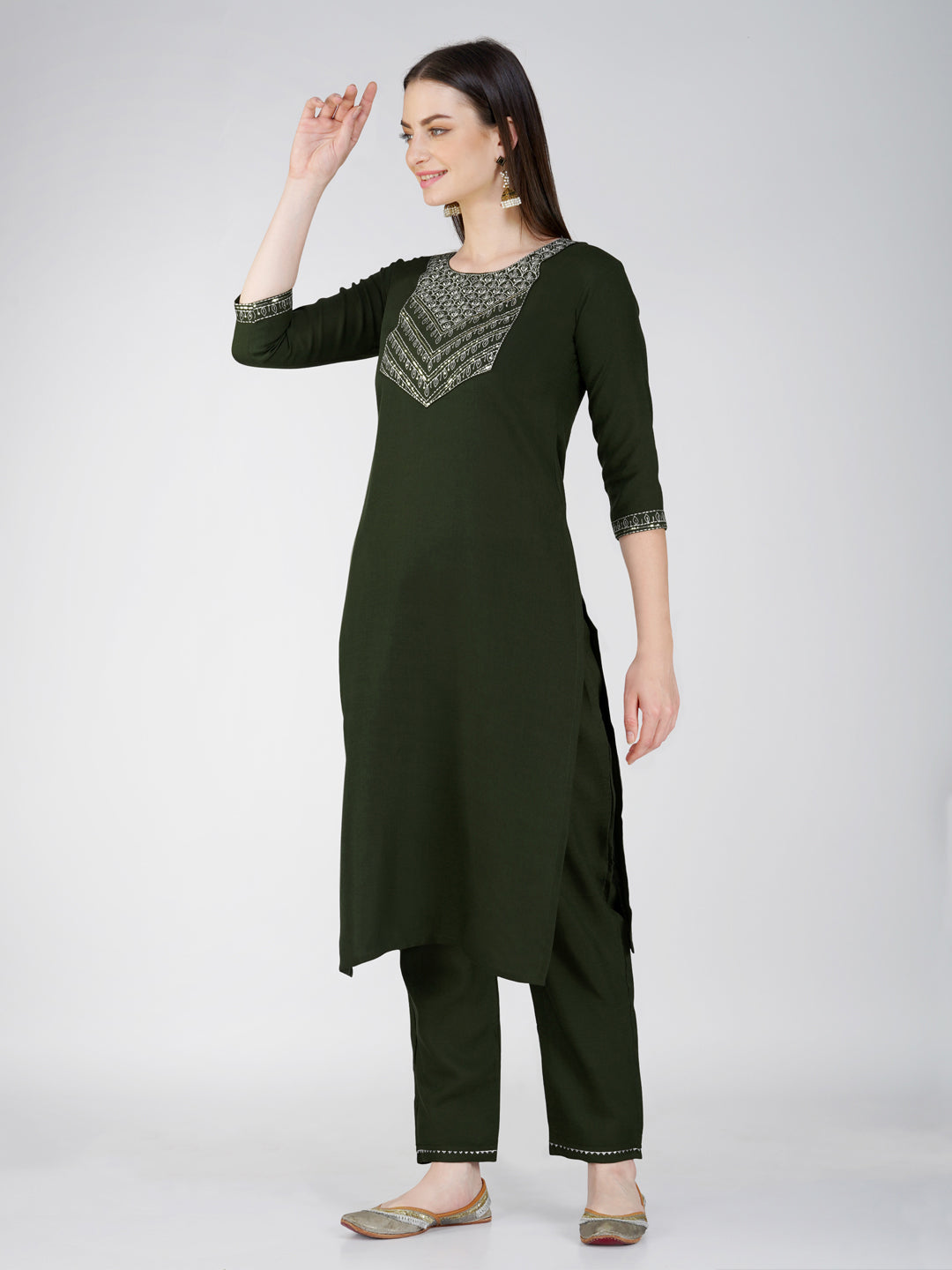 Jyoti Fashion Women's Bottle Green Cotton Blend Sequins Embroidered Kurta Set | Grocsy