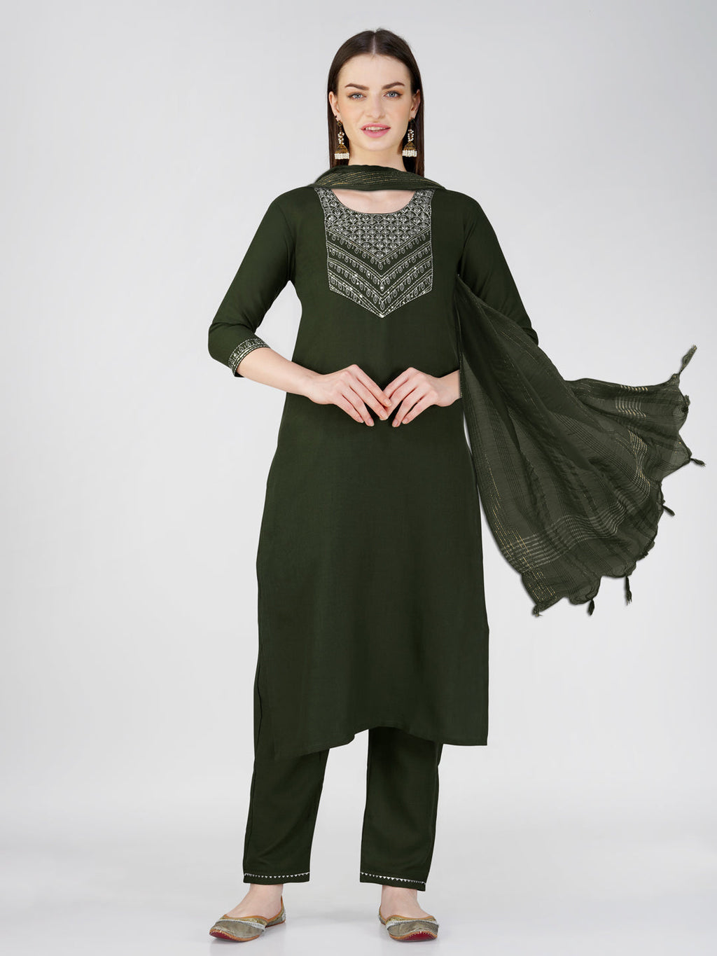 Jyoti Fashion Women's Bottle Green Cotton Blend Sequins Embroidered Kurta Set | Grocsy