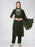 Jyoti Fashion Women's Bottle Green Cotton Blend Sequins Embroidered Kurta Set | Grocsy