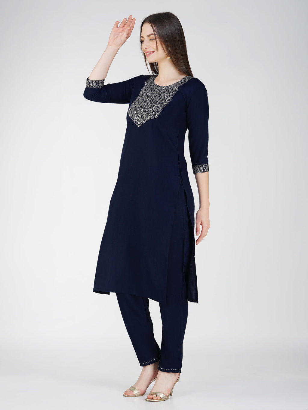 Jyoti Fashion Women's Navy Blue Cotton Blend Sequins Embroidered Kurta Set | Grocsy