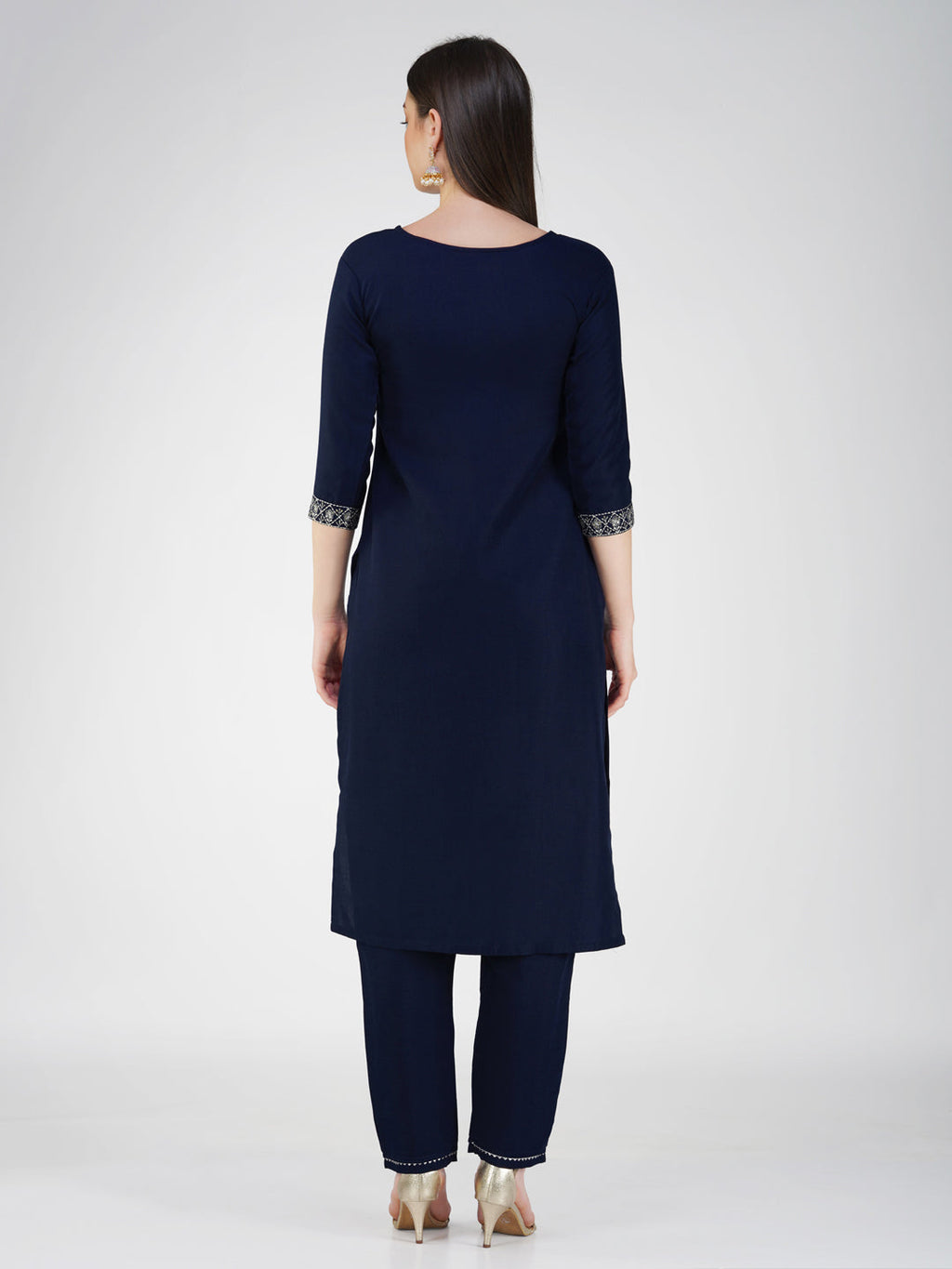 Jyoti Fashion Women's Navy Blue Cotton Blend Sequins Embroidered Kurta Set | Grocsy