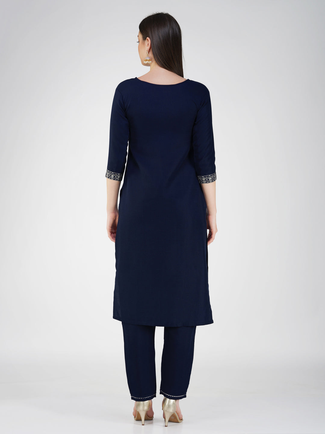Jyoti Fashion Women's Navy Blue Cotton Blend Sequins Embroidered Kurta Set | Grocsy