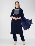 Jyoti Fashion Women's Navy Blue Cotton Blend Sequins Embroidered Kurta Set | Grocsy