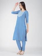 Jyoti Fashion Women's Sky Blue Cotton Blend Sequins Embroidered Kurta Set | Grocsy
