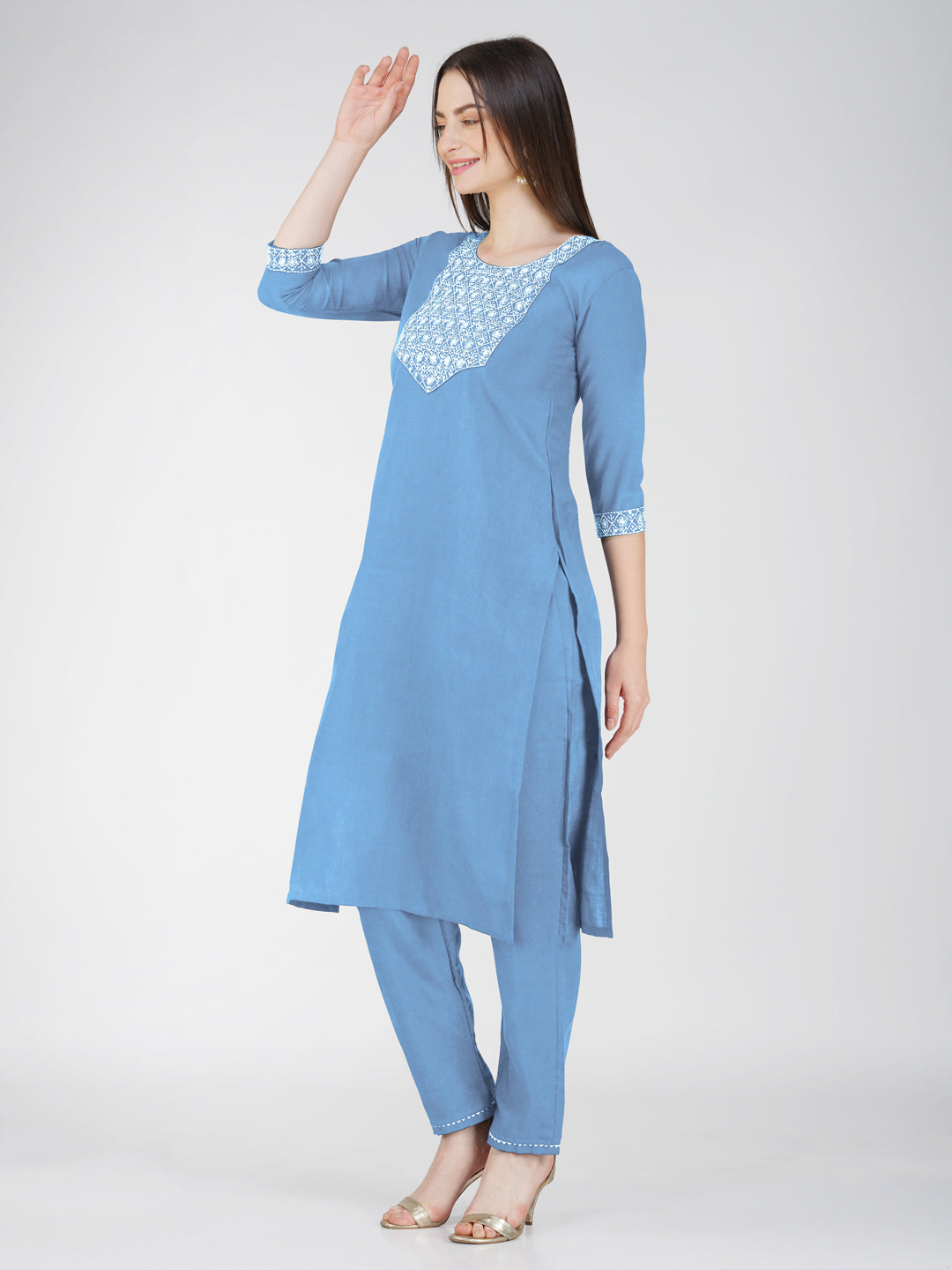 Jyoti Fashion Women's Sky Blue Cotton Blend Sequins Embroidered Kurta Set | Grocsy