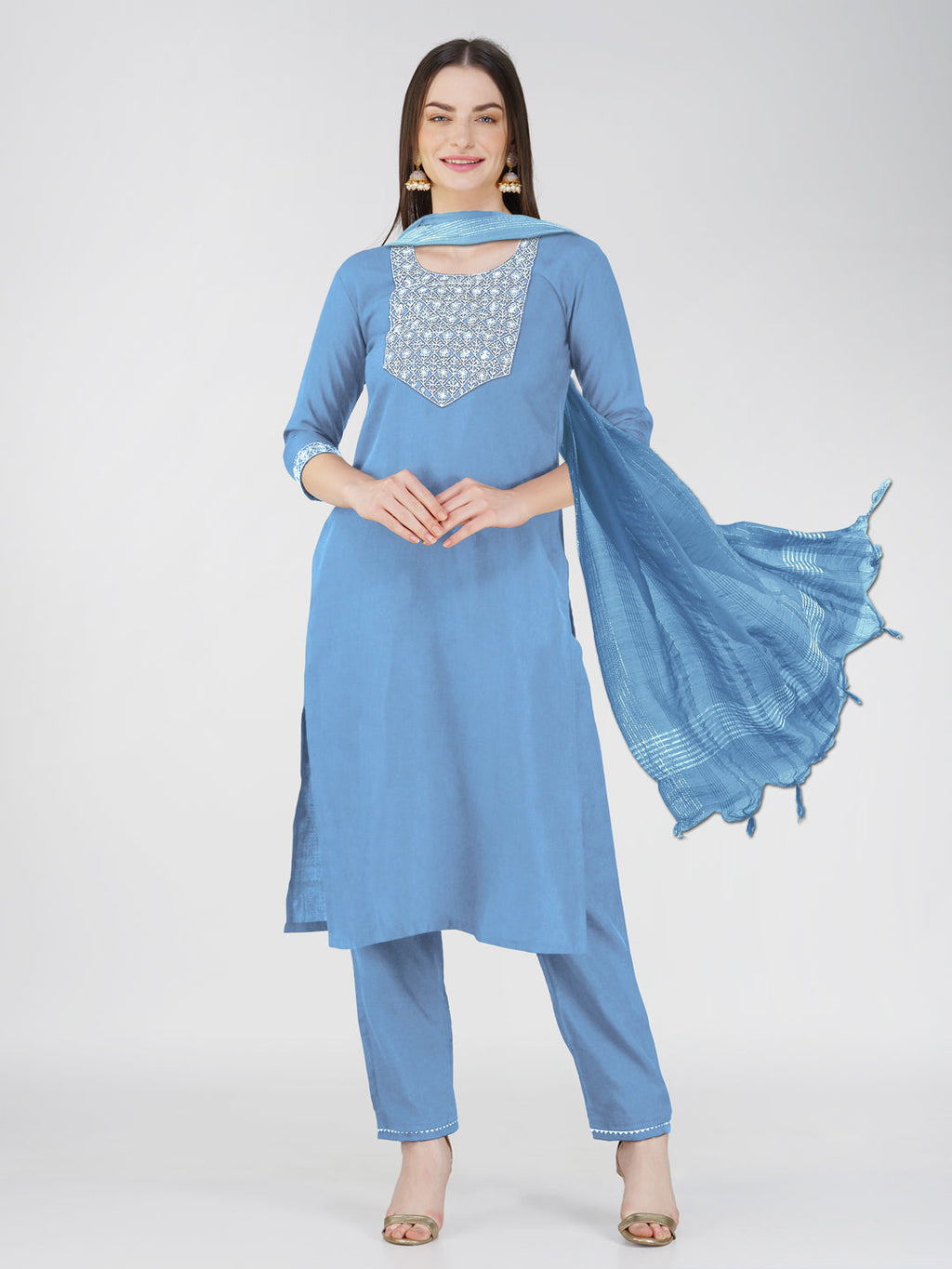 Jyoti Fashion Women's Sky Blue Cotton Blend Sequins Embroidered Kurta Set | Grocsy