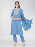 Jyoti Fashion Women's Sky Blue Cotton Blend Sequins Embroidered Kurta Set | Grocsy