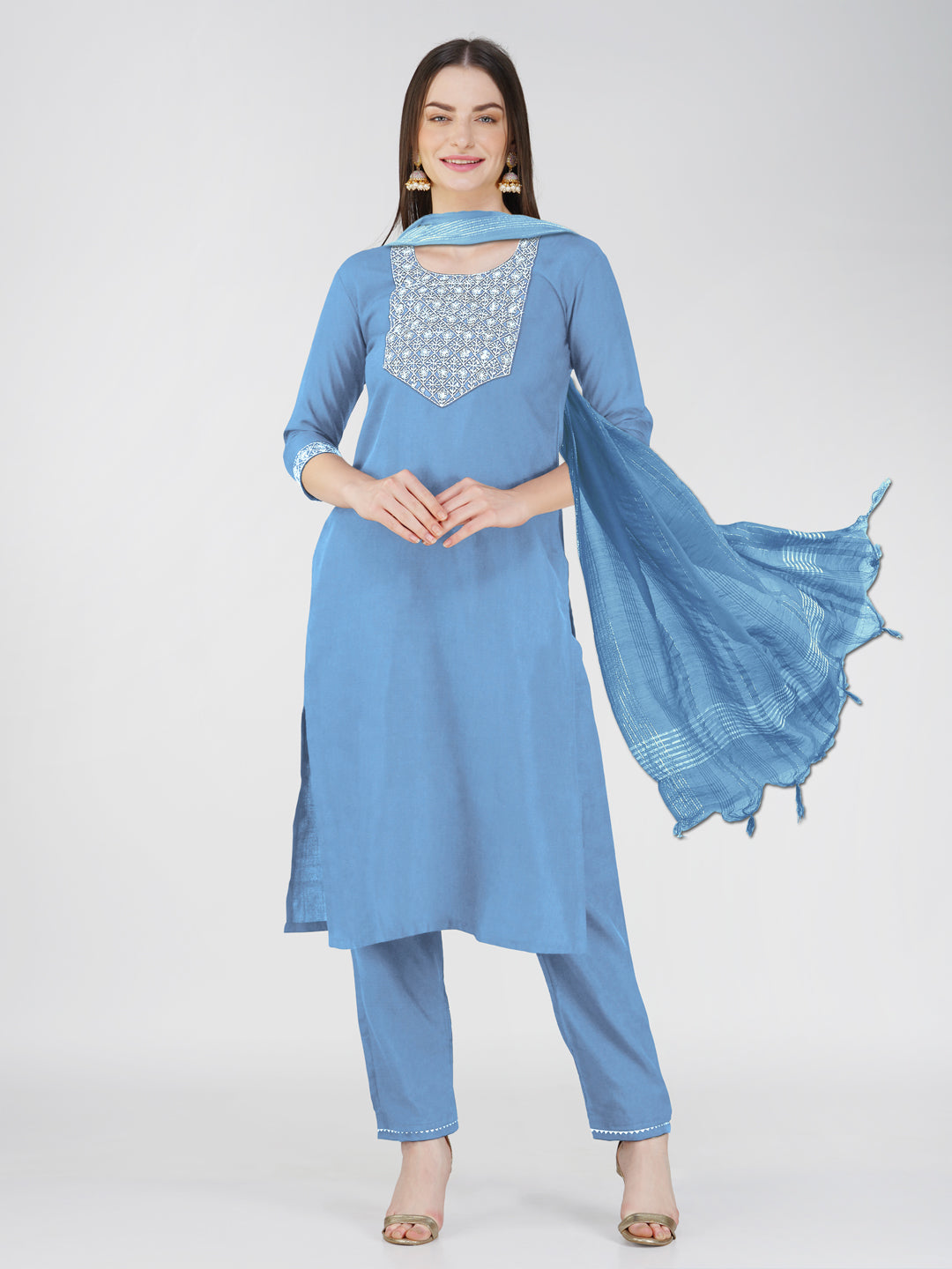 Jyoti Fashion Women's Sky Blue Cotton Blend Sequins Embroidered Kurta Set | Grocsy
