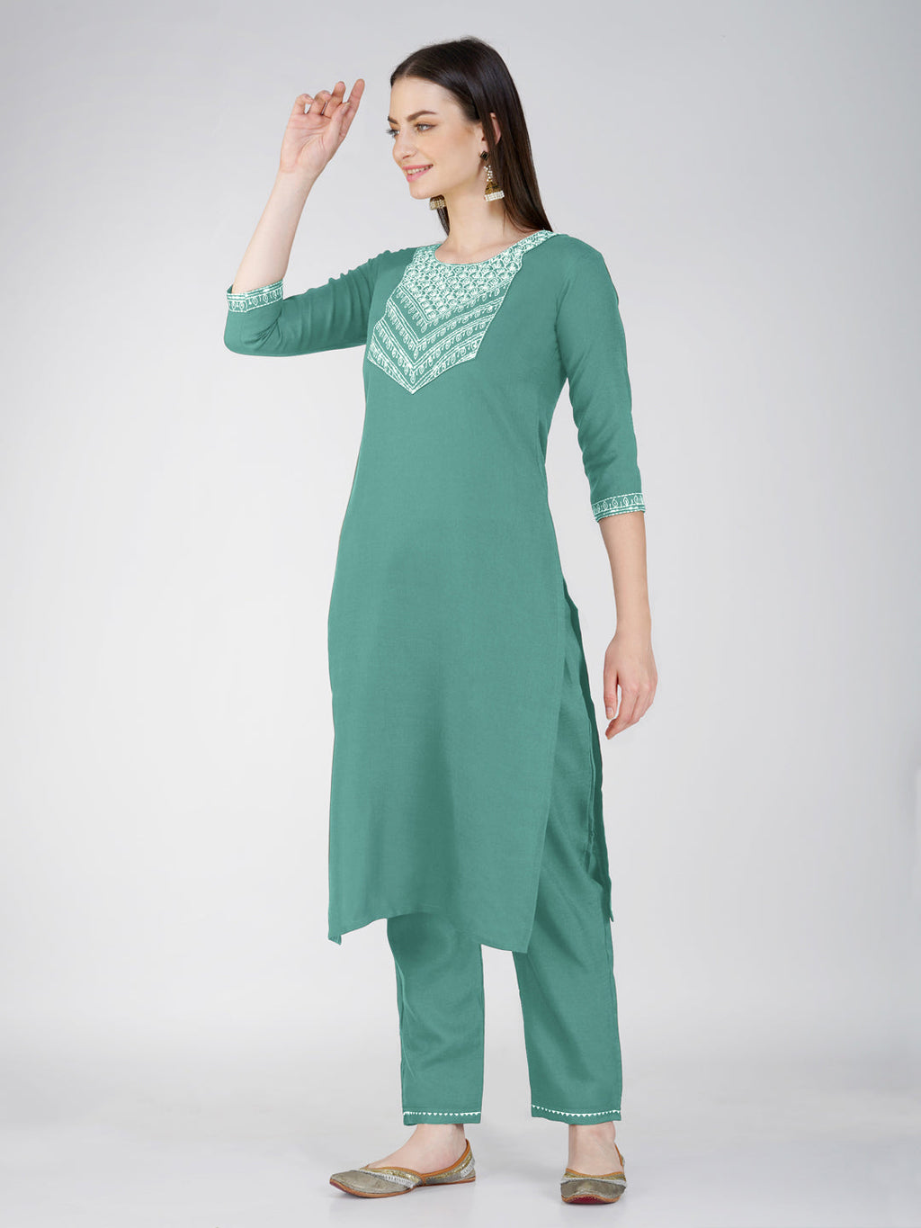 Jyoti Fashion Women's Teal Cotton Blend Sequins Embroidered Kurta Set | Grocsy