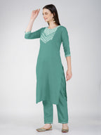 Jyoti Fashion Women's Teal Cotton Blend Sequins Embroidered Kurta Set | Grocsy
