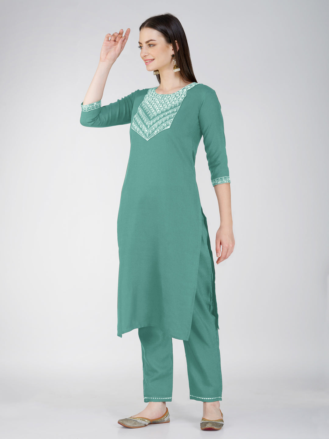 Jyoti Fashion Women's Teal Cotton Blend Sequins Embroidered Kurta Set | Grocsy