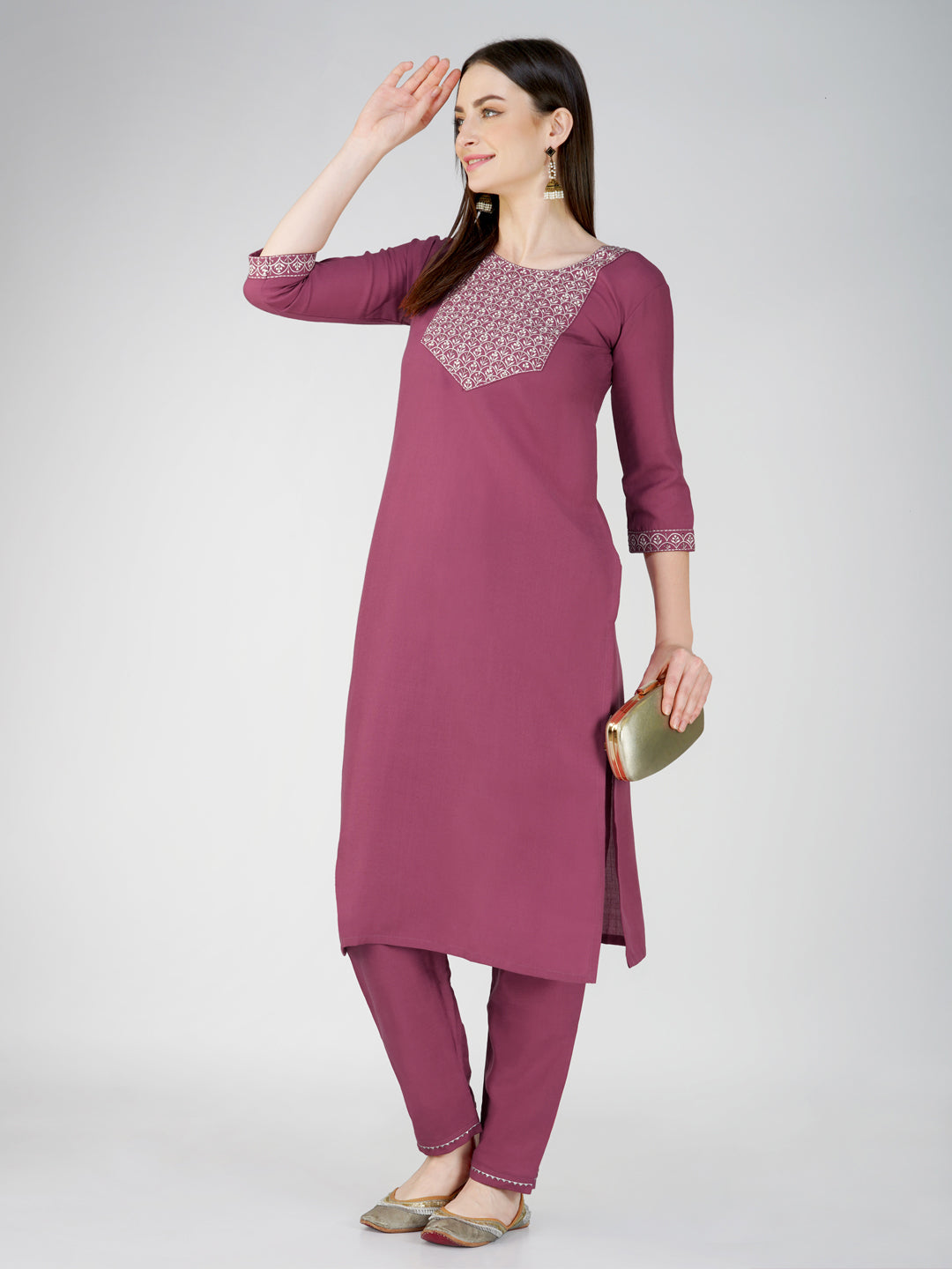 Jyoti Fashion Women's Wine Cotton Blend Sequins Embroidered Kurta Set | Grocsy
