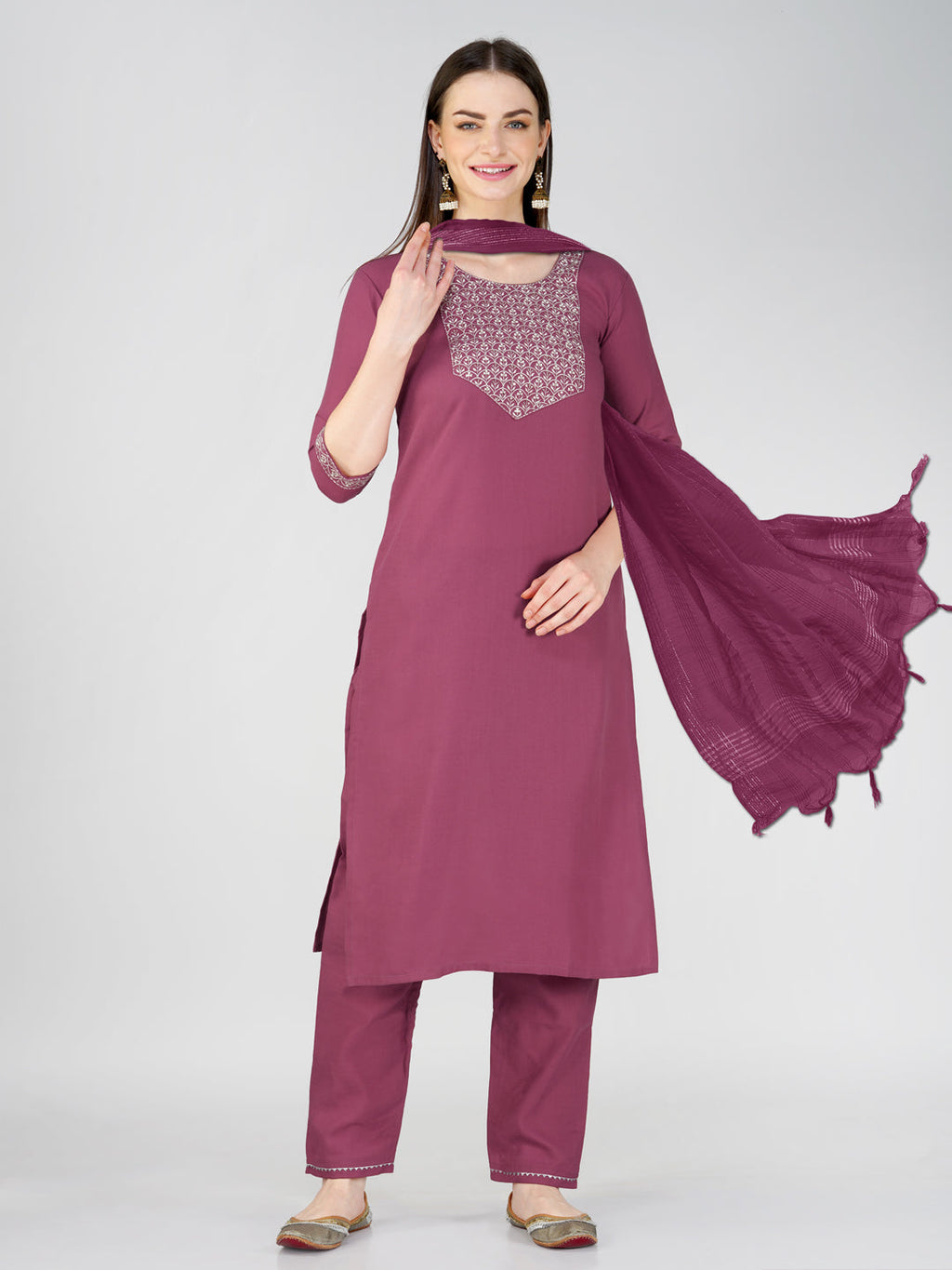 Jyoti Fashion Women's Wine Cotton Blend Sequins Embroidered Kurta Set | Grocsy