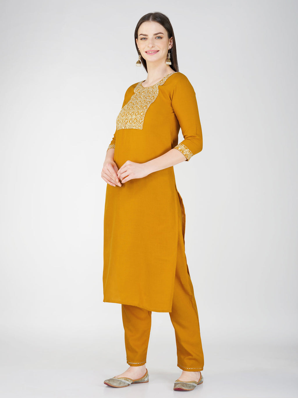 Jyoti Fashion Women's Mustard Cotton Blend Sequins Embroidered Kurta Set | Grocsy