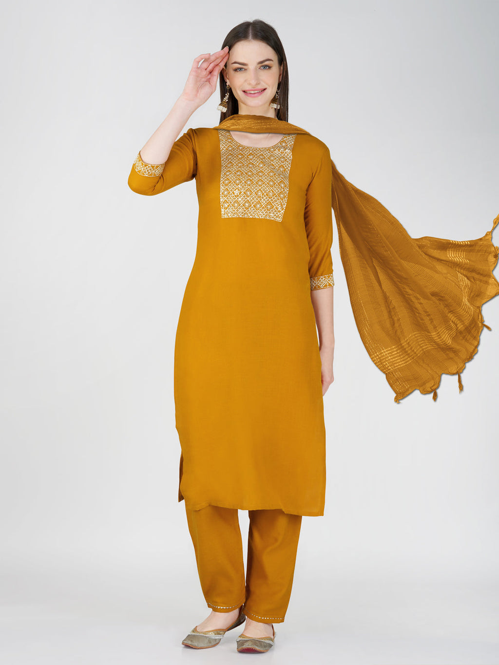 Jyoti Fashion Women's Mustard Cotton Blend Sequins Embroidered Kurta Set | Grocsy
