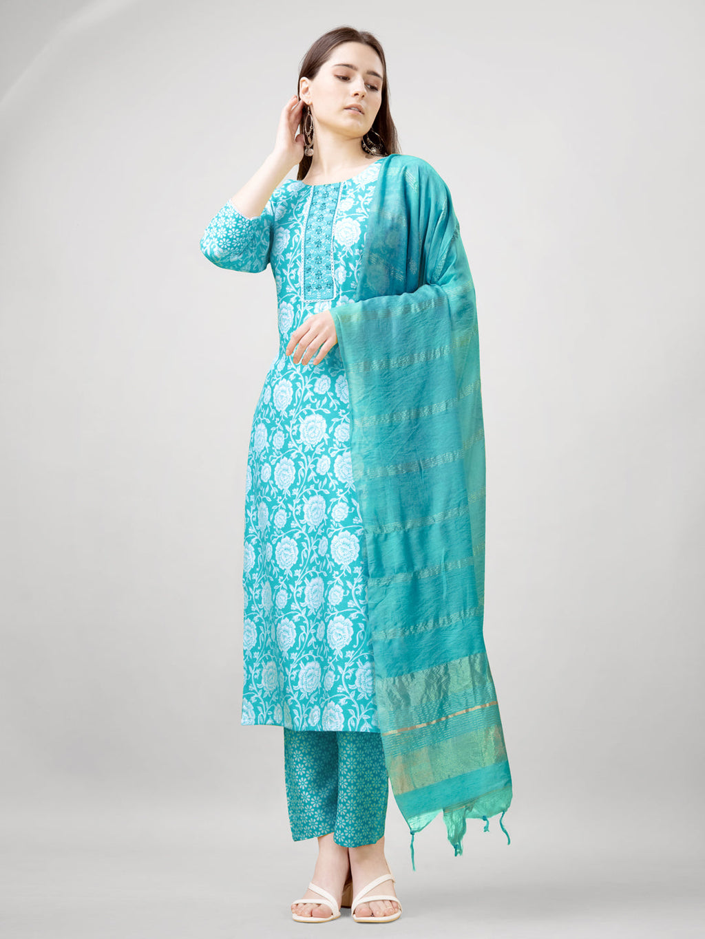 Jyoti Fashion Women's Sky Blue Rayon Printed with Embroidered Kurta Set | Grocsy
