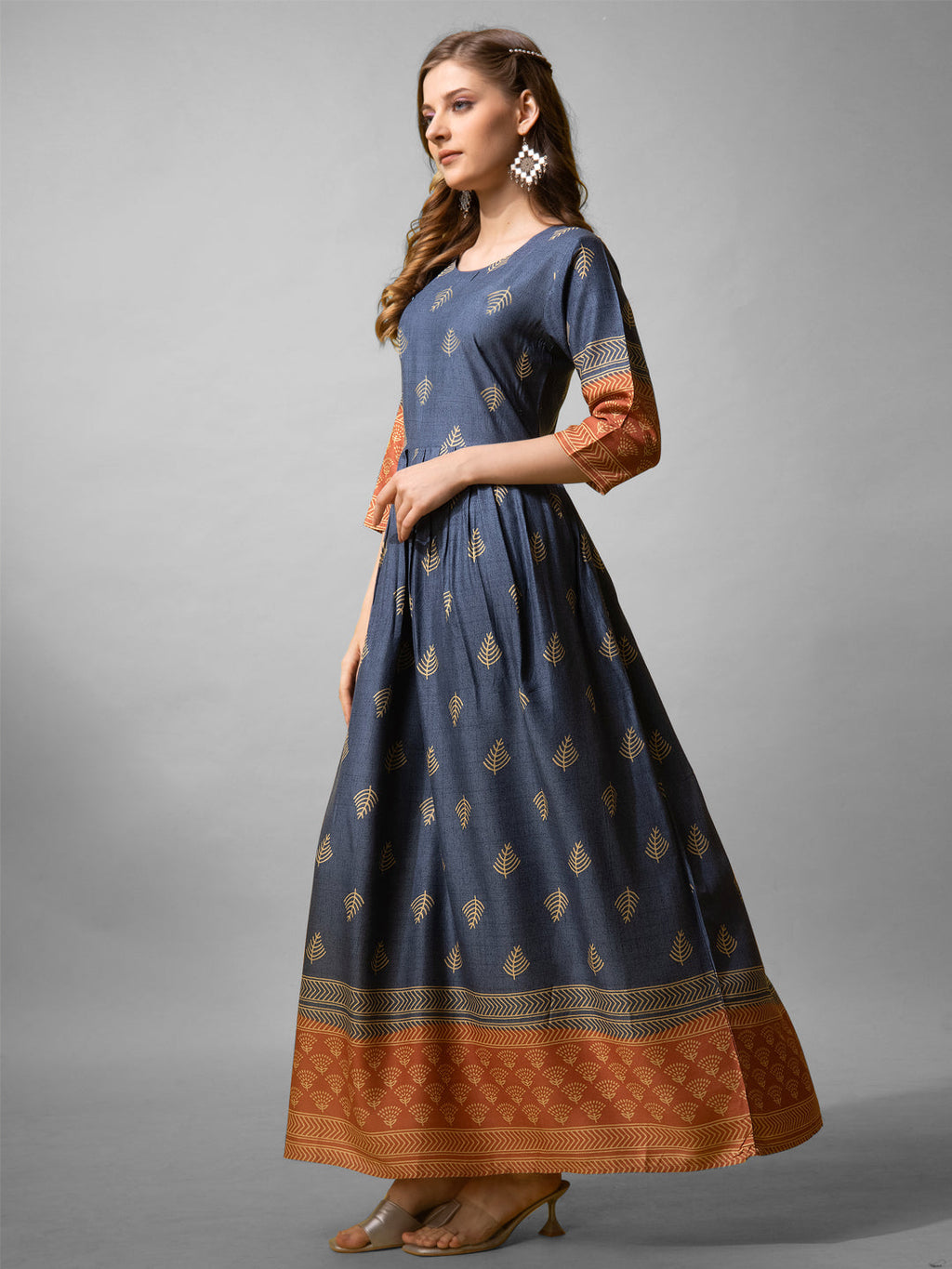 Jyoti Fashion Women's Denim Blue Rayon Abstract Printed Designer Anarkali Dress | Grocsy