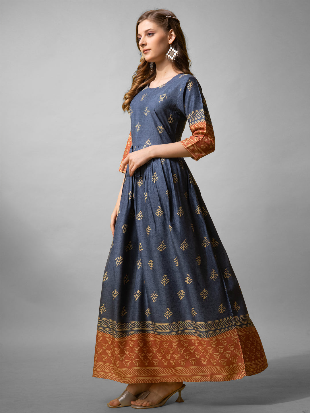 Jyoti Fashion Women's Denim Blue Rayon Abstract Printed Designer Anarkali Dress | Grocsy