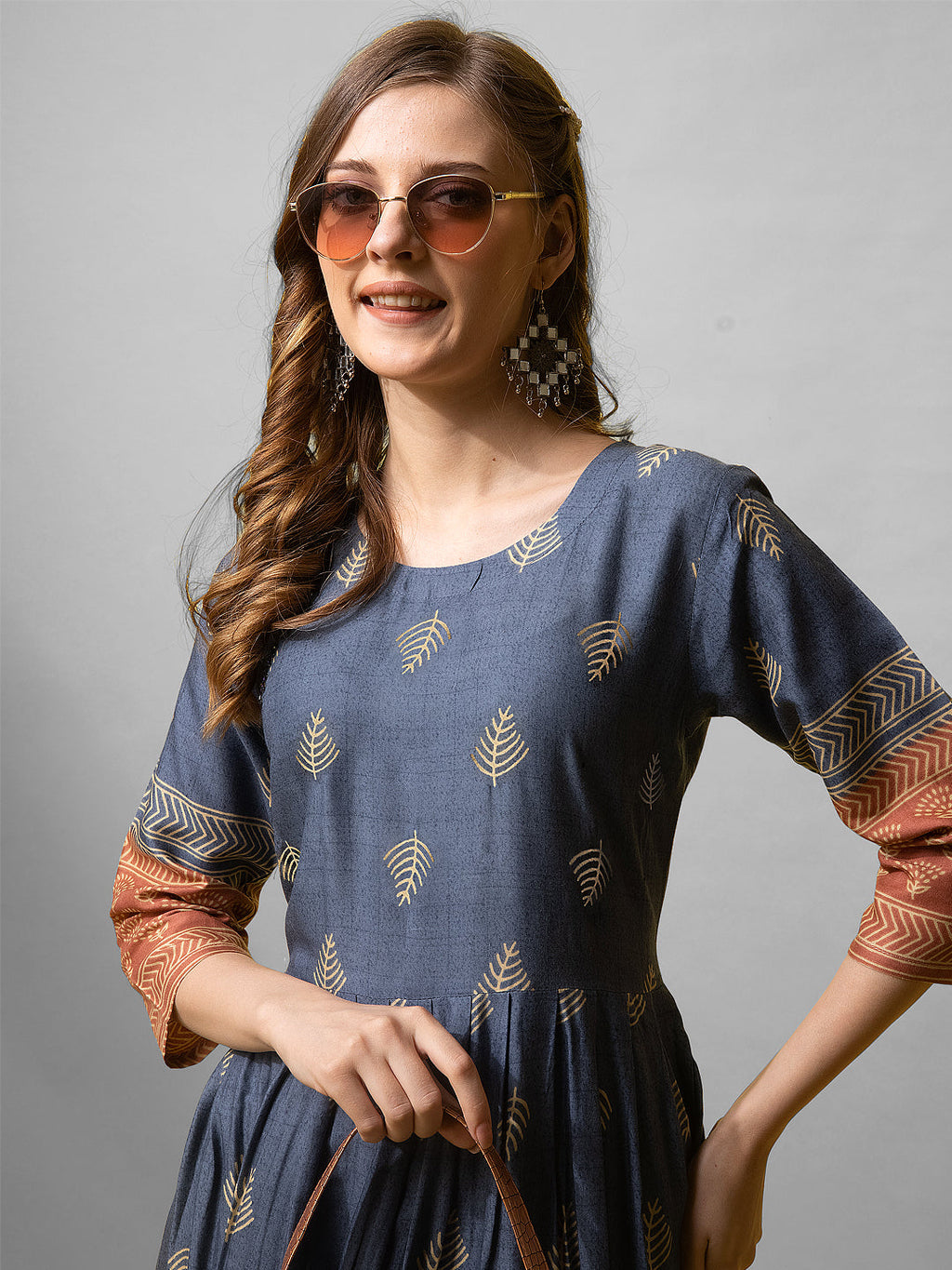 Jyoti Fashion Women's Denim Blue Rayon Abstract Printed Designer Anarkali Dress | Grocsy