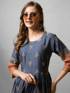 Jyoti Fashion Women's Denim Blue Rayon Abstract Printed Designer Anarkali Dress | Grocsy