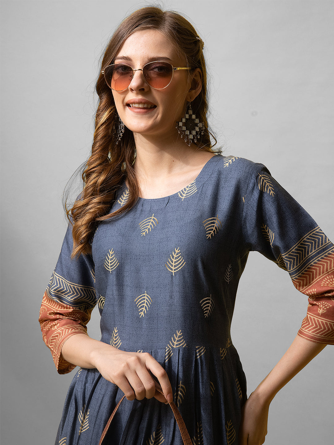 Jyoti Fashion Women's Denim Blue Rayon Abstract Printed Designer Anarkali Dress | Grocsy
